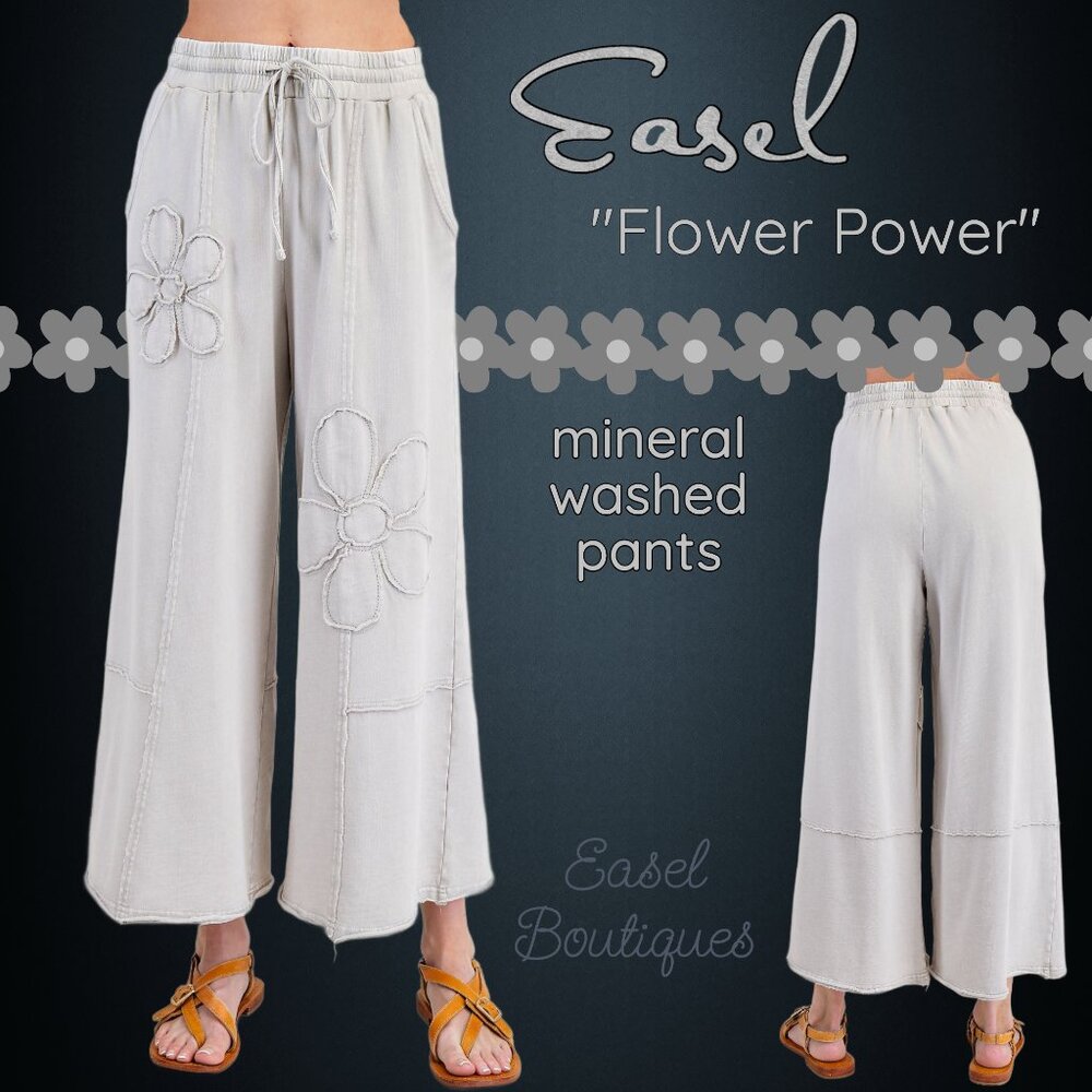 EASEL “Flower Patch” Mineral Washed Pants Wide Leg Cozy Relax Fit Raw Seams Hems